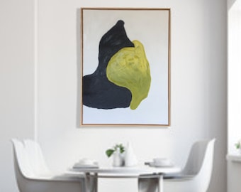 Original Abstract Oil Painting on Canvas: White, Black, Chartreuse Green, Maple Frame