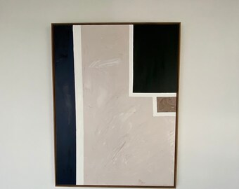 Large Abstract Oil Painting, Navy, Green, Neutrals, Walnut Frame