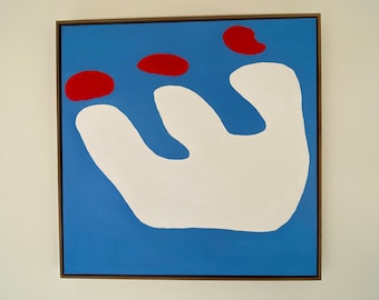 Large Abstract Oil Painting on Canvas, Cherry Red, Blue, Framed Art