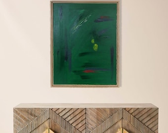 Verdant: Handmade Abstract Oil Painting, Bold Greens, Maple Frame (19 3/4" x 25 1/2")