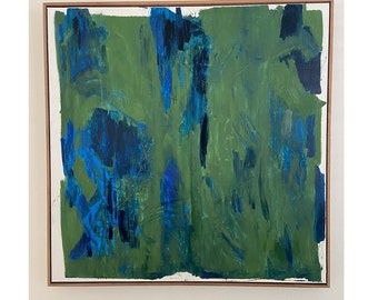 Large Abstract Oil Painting on Canvas, Green and Blue, Walnut Floater Frame