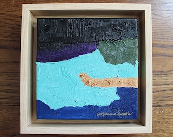Framed Turquoise Abstract Oil Painting, Thick Texture, Ready to Hang