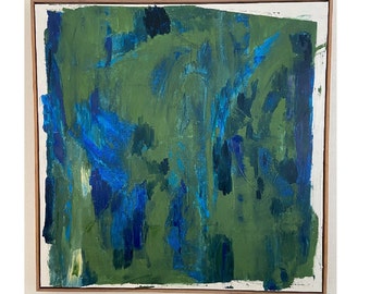 Large Abstract Oil Painting, Blues, Greens, Walnut Floater Frame