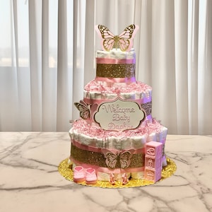 Baby Shower Gift-Baby Girl Gold and Pink Butterfly Diaper Cake