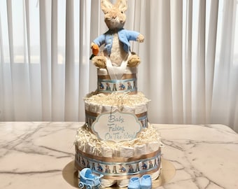 Baby Shower Gift-Blue and Beige Polka Dot Peter Rabbit Diaper Cake