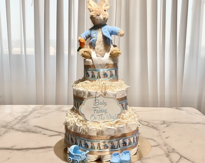 Baby Shower Gift-Blue and Beige Polka Dot Peter Rabbit Diaper Cake