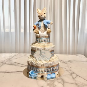 Baby Shower Gift-Blue and Beige Polka Dot Peter Rabbit Diaper Cake
