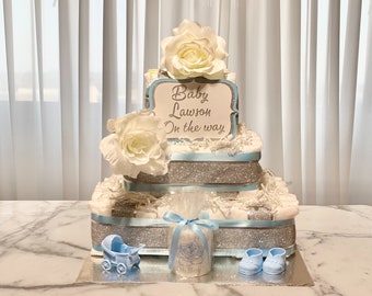 Baby Shower Gift-Baby Boy Diaper Cake Blue and Glitter Silver