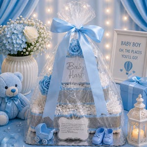 May include: A three-tiered nappy cake wrapped in clear cellophane with a light blue satin ribbon bow. It features blue artificial roses, silver glitter ribbon, and a sign reading Baby Hart. Includes a blue toy carriage and baby shoes.