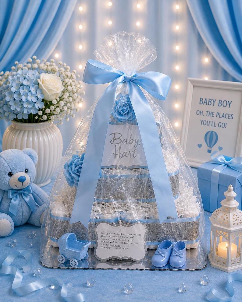May include: A three-tiered nappy cake wrapped in clear cellophane with a light blue satin ribbon bow. It features blue artificial roses, silver glitter ribbon, and a sign reading Baby Hart. Includes a blue toy carriage and baby shoes.