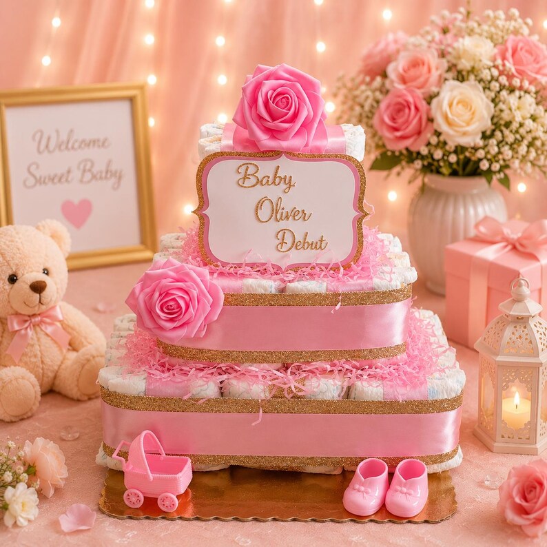 May include: A two-tier nappy cake decorated with pink ribbons, gold glitter trim, and large pink artificial roses. A white sign with gold lettering reads Baby Oliver Debut. The cake is accented with pink paper shred, a small pink toy carriage, and pink baby shoes.