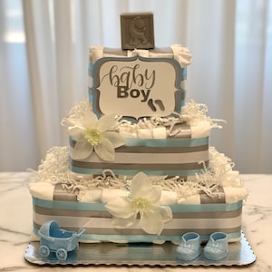 Baby Shower Gift- Baby Boy Diaper Cake Silver White and Blue Square