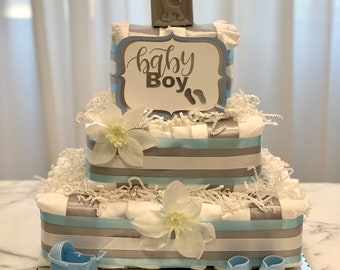 Baby Shower Gift- Baby Boy Diaper Cake Silver White and Blue Square