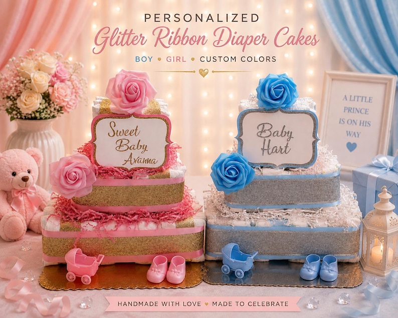 May include: Two tiered nappy cakes decorated with glitter ribbons and artificial roses. The left cake features pink accents and a sign reading Sweet Baby Avanna. The right cake features blue accents and a sign reading Baby Hart. Both include miniature strollers and baby shoes.
