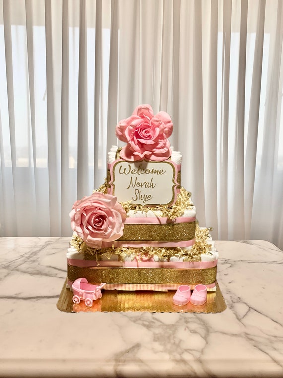 Baby Shower Gift- Baby Girl Diaper Cake Pink and Glitter Gold