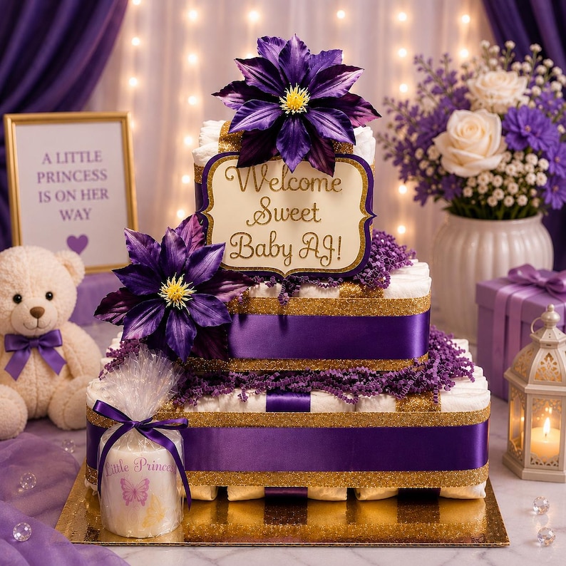 May include: A three-tiered nappy cake decorated with purple satin ribbons, gold glitter trim, and large dark purple clematis flowers. A central sign reads Welcome Sweet Baby AJ! A small candle wrapped in clear plastic sits at the base.