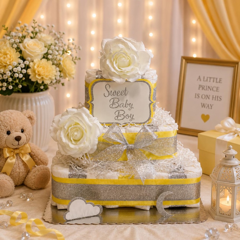 May include: A three-tiered nappy cake decorated with yellow and silver glitter ribbons, white artificial roses, and a sign that reads Sweet Baby Boy. The cake features a silver crescent moon and a white cloud cutout at the base on a silver tray.