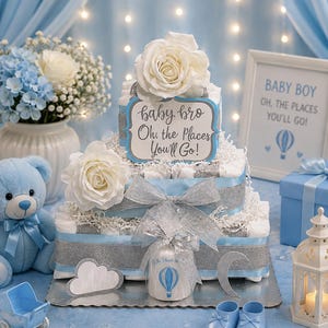 May include: A three-tiered nappy cake decorated with light blue and silver glitter ribbons, white faux roses, and a sign that reads baby bro Oh, the Places You'll Go! The cake features a small hot air balloon graphic and silver cloud and moon accents.
