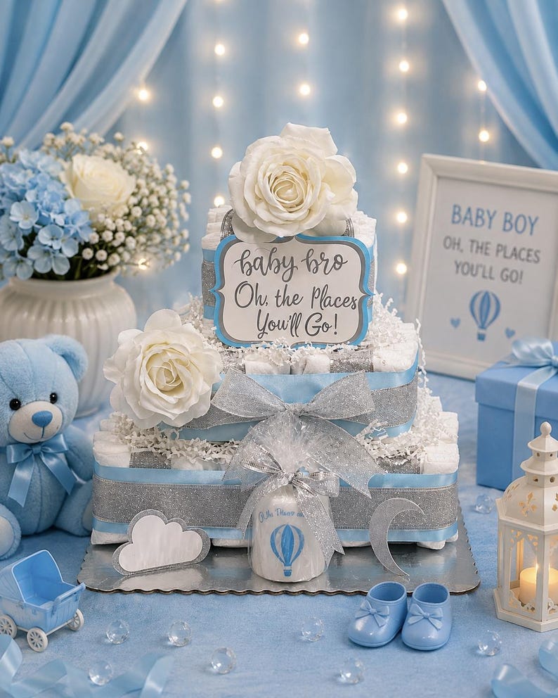 May include: A three-tiered nappy cake decorated with light blue and silver glitter ribbons, white faux roses, and a sign that reads baby bro Oh, the Places You'll Go! The cake features a small hot air balloon graphic and silver cloud and moon accents.