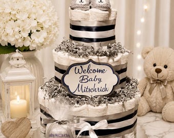 Baby Boy Diaper Cake | Navy Blue & Silver Baby Shower Centerpiece | Personalized New Baby Gift | Hospital Gift | 3 Tier Diaper Cake