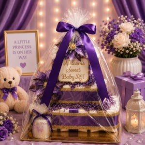 May include: A three-tiered nappy cake wrapped in clear cellophane with a purple satin bow. The cake features gold glitter ribbon, purple floral accents, and a sign that reads Welcome Sweet Baby AJ. A small candle labelled Little Prince sits nearby.