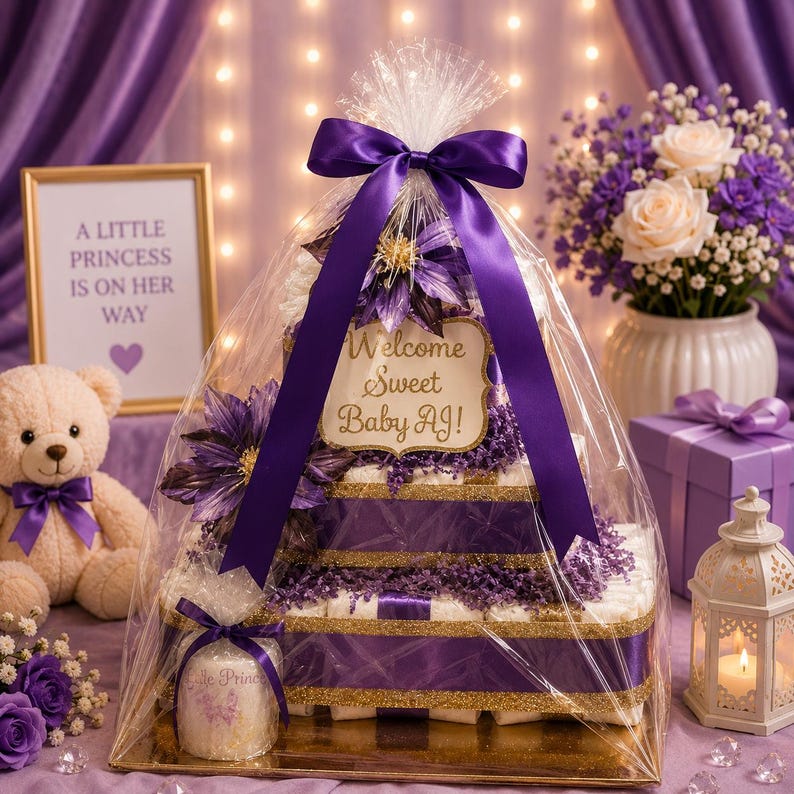 May include: A three-tiered nappy cake wrapped in clear cellophane with a purple satin bow. The cake features gold glitter ribbon, purple floral accents, and a sign that reads Welcome Sweet Baby AJ. A small candle labelled Little Prince sits nearby.