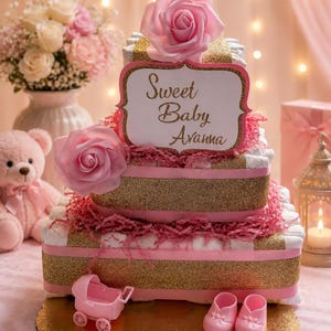 May include: A three-tiered nappy cake decorated with pink and gold glitter ribbons, pink paper shred, and two large pink artificial roses. A white sign with a pink border features the text Sweet Baby Avanna. A small pink toy carriage and baby shoes sit at the base.