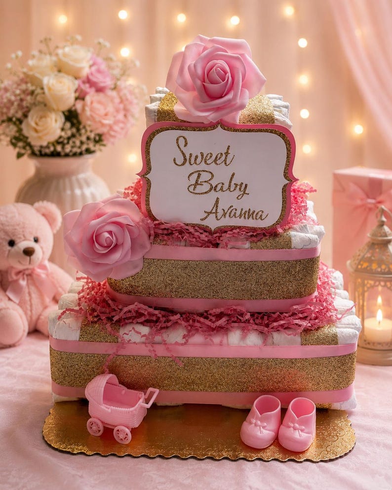 May include: A three-tiered nappy cake decorated with pink and gold glitter ribbons, pink paper shred, and two large pink artificial roses. A white sign with a pink border features the text Sweet Baby Avanna. A small pink toy carriage and baby shoes sit at the base.