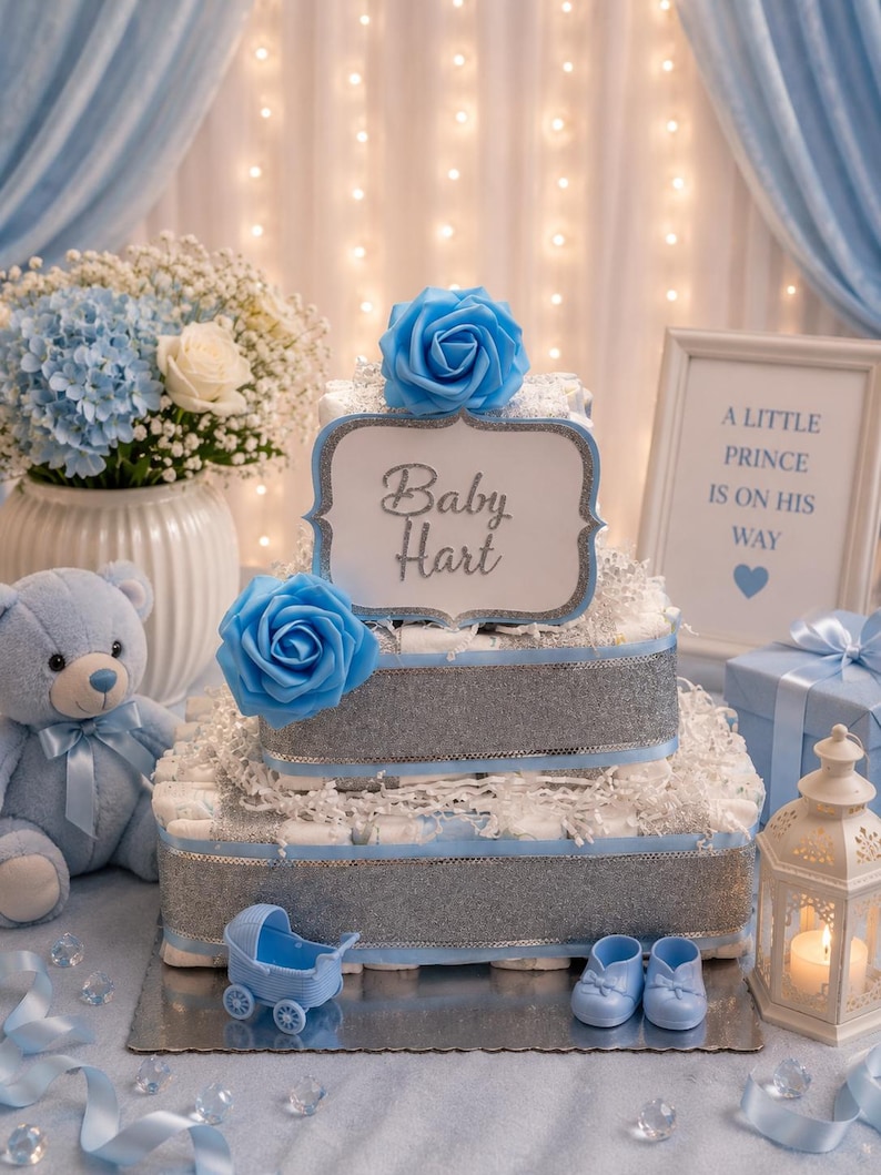 May include: A two-tier nappy cake decorated with silver glitter ribbon, blue roses, and a sign reading Baby Hart. The display includes a light blue teddy bear, a miniature blue baby carriage, a pair of blue booties, and a framed sign stating A LITTLE PRINCE IS ON HIS WAY.