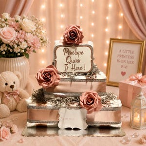 May include: A two-tier nappy cake decorated with dusty rose satin ribbons, silver glitter trim, and three artificial roses. A central sign reads "Penelope Quinn Is Here!" and a blank white tag is attached to the base of the bottom tier.