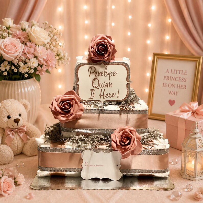 May include: A two-tier nappy cake decorated with dusty rose satin ribbons, silver glitter trim, and three artificial roses. A central sign reads "Penelope Quinn Is Here!" and a blank white tag is attached to the base of the bottom tier.