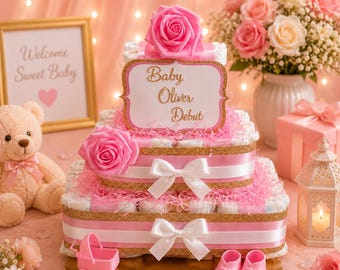 Personalized Baby Girl Diaper Cake, Custom 3 Tier Baby Shower Centerpiece, Butterfly or Floral New Baby Gift