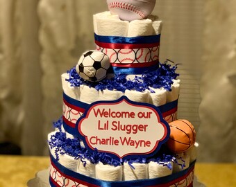Baby Shower Gift-Baby Boy Sports Round Diaper Cake Centerpiece