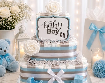 Baby Boy Diaper Cake | Blue & Gray Baby Shower Centerpiece | Baby Shower Gift | Pampers Diaper Cake | New Mom Gift | Nursery Decor