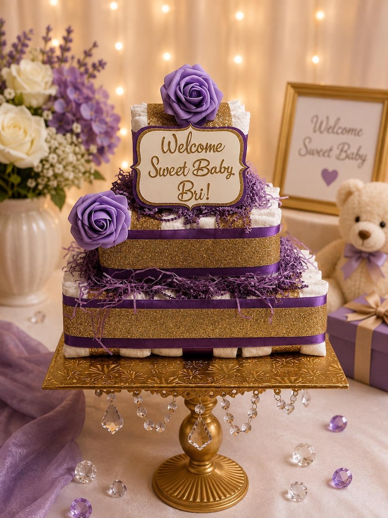 May include: A two-tiered nappy cake featuring white nappies, gold glitter ribbons, and purple satin ribbons. It is decorated with purple foam roses and purple paper shred. A sign reads Welcome Sweet Baby Bri! It sits on a gold pedestal cake stand.
