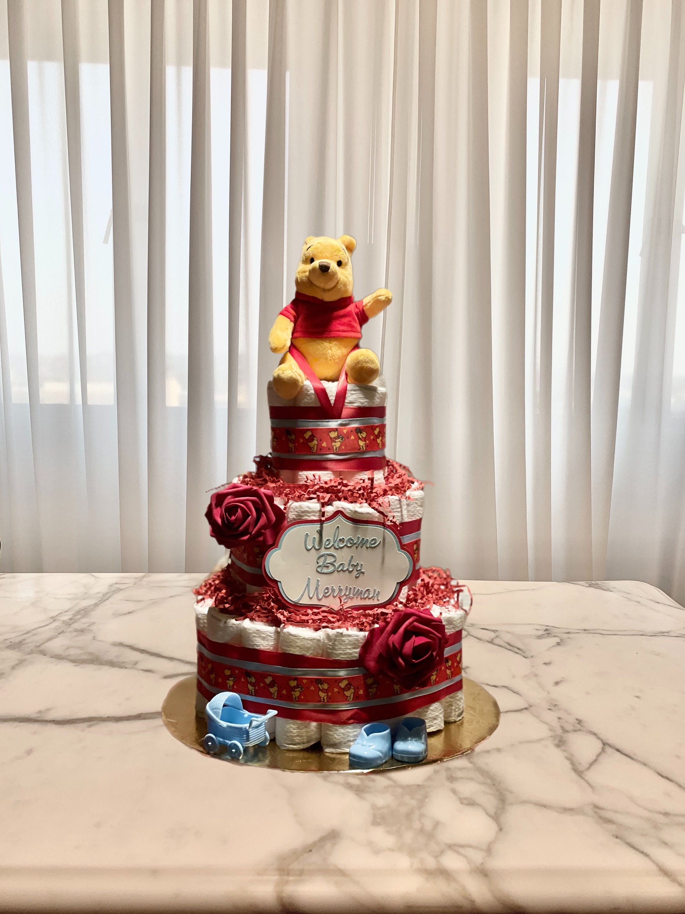 Baby Shower Gift-Winnie the Pooh Red and Blue Diaper Cake