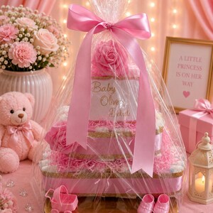 May include: A tiered nappy cake wrapped in clear cellophane with a large pink satin bow on top. The cake features pink ribbons, gold glitter trim, pink paper shred, and a sign reading Baby Olive. A small pink toy carriage and shoes sit at the base.