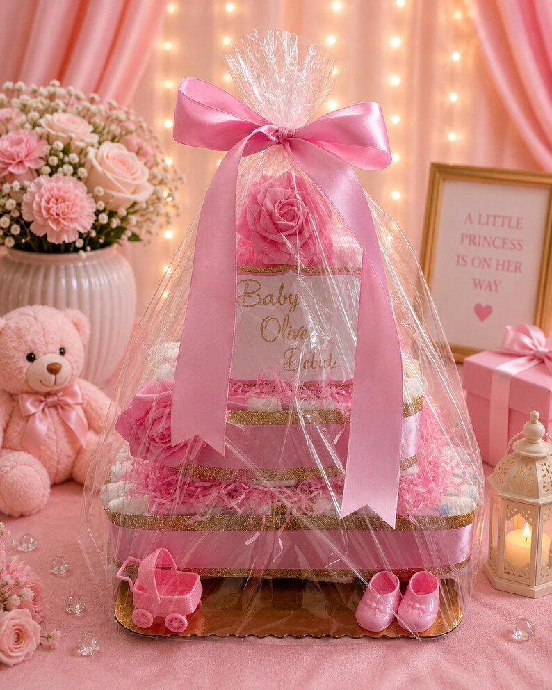 May include: A tiered nappy cake wrapped in clear cellophane with a large pink satin bow on top. The cake features pink ribbons, gold glitter trim, pink paper shred, and a sign reading Baby Olive. A small pink toy carriage and shoes sit at the base.
