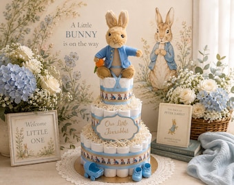 Peter Rabbit Diaper Cake, Personalized Baby Shower Gift and Centerpiece, Blue Bunny Nursery Decor