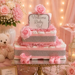May include: A two-tiered nappy cake decorated with pink ribbons, silver glitter bands, and pink artificial roses. A sign on top reads Welcome Baby Girl. The cake sits on a gold pedestal stand with hanging crystals and includes a pink toy carriage.