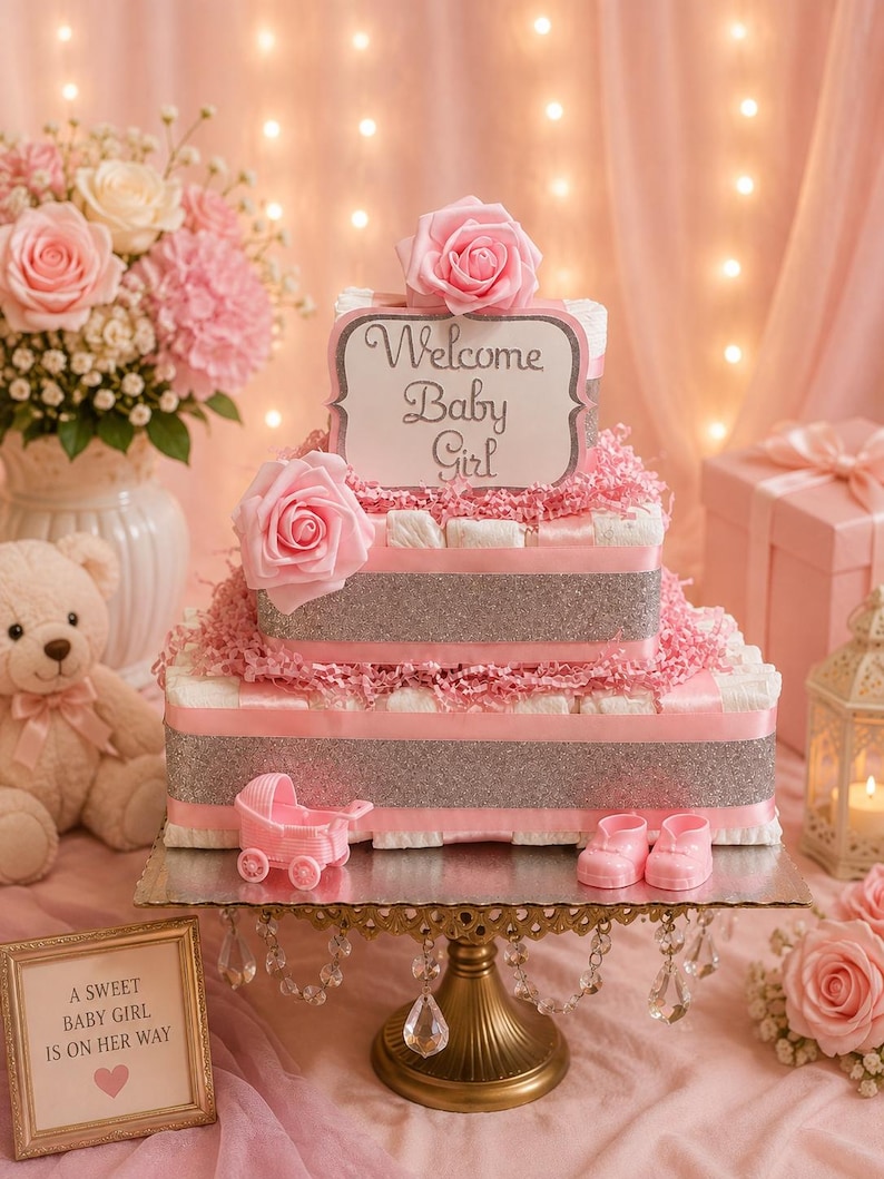 May include: A two-tiered nappy cake decorated with pink ribbons, silver glitter bands, and pink artificial roses. A sign on top reads Welcome Baby Girl. The cake sits on a gold pedestal stand with hanging crystals and includes a pink toy carriage.
