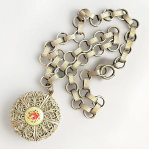 Antique Guilloché Enamel Vinaigrette Locket Necklace | Book Chain Art Deco Style | Floral Filigree Silver-Tone