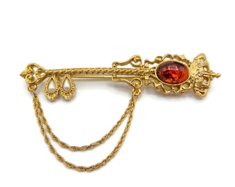 Vintage 1928 Jewelry Key Swag Brooch With Amber-Colored Resin Cabochon Gold-Tone Victorian Style