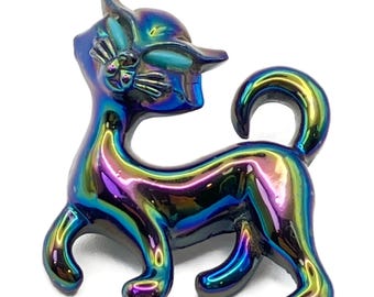Vintage Prancing Cat Broschnål Flerfärgad MCM Oljefläckig Finish Skimrande