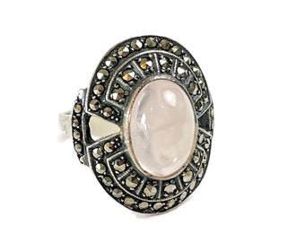 Art Deco Era Germany Marcasite Ring Sterling Silver With Pale Pink Rutilated Quartz US Size 7 Circa 1930s