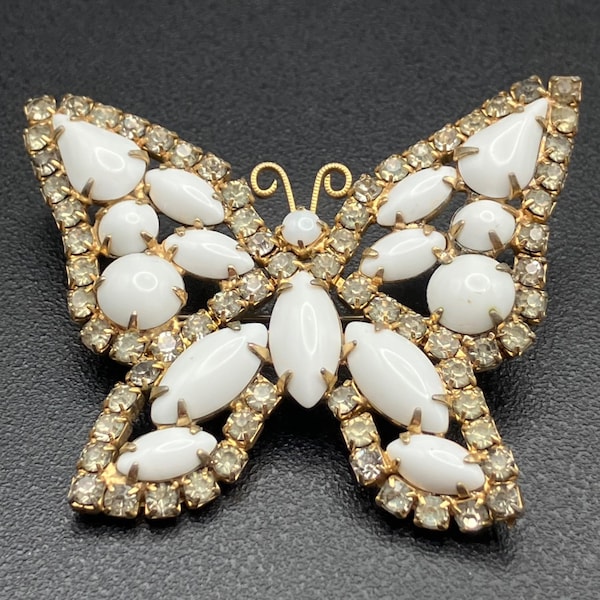 Wit melkglas en heldere strass vlinder vintage jaren 1950 niet-gesigneerd Weiss