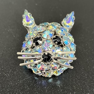 Vintage Warner Cat Brooch AB Rhinestone Aurora Borealis Whiskers Pin
