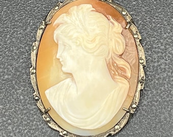 ヴィンテージシェルカメオブローチピン – 女性の横顔 – 800シルバー
