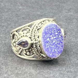 Sarda Sterling Silver Ring Size 8 Druzy & Amethyst 925 Artisan Design 12.1g