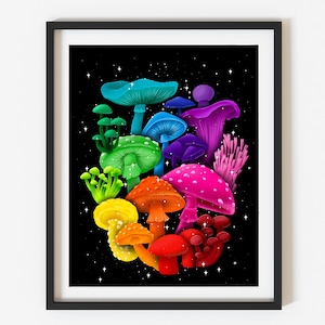 Op de afbeelding: Een kleurrijke illustratie van regenboogkleurige paddenstoelen op een zwarte achtergrond met witte sterren. De paddenstoelen zijn in een groep gerangschikt en hebben verschillende vormen en maten.